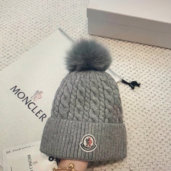 Moncler Light Gray Cable Knit Beanie With Pom Pom - Picture 1 of 6